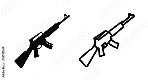 Two depictions of an ak 47 assault rifle in black silhouette