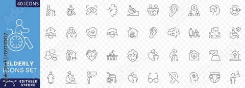 Elderly icons set. Containing retirement, old, pension, senior, grandparents, wheelchair, alzheimer, caregiver,  Etc. Fully Editable. Vector illustration.