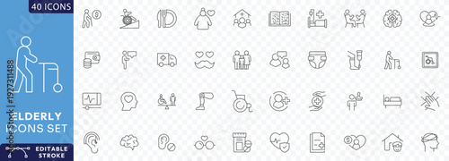 Elderly icons set. Containing retirement, old, pension, senior, grandparents, wheelchair, alzheimer, caregiver,  Etc. Fully Editable. Vector illustration.