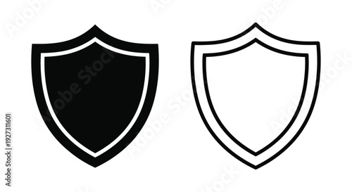 Two shield emblems one filled and one outlined in a stark contrast silhouette