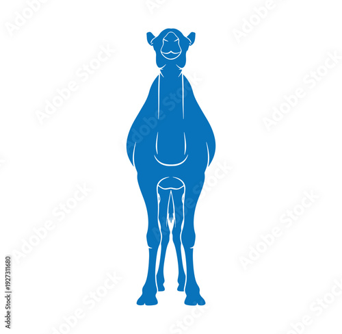 blue camel silhouette standing alone on white background