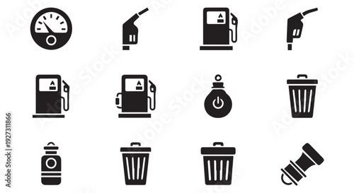Collection of black and white icons related to fuel, energy, and waste management
