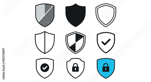 Collection of various shield icons in different styles and colors for security and protection concepts