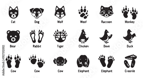 Collection of black animal footprints and faces illustrations, including cat, dog, wolf, bear, and more.