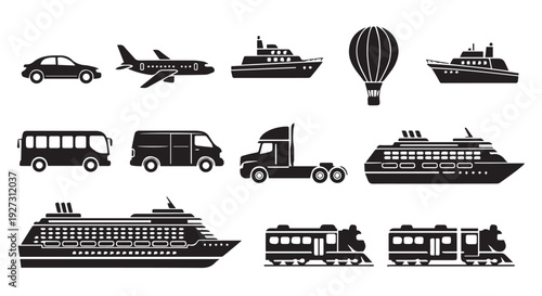 Collection of various transportation vehicles and modes of travel in black silhouette icons