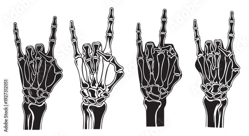 Four black and white hands with index and pinky fingers raised in a rock on sign gesture.