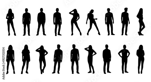 Vector silhouettes man and women, illustration. Silhouettes of young people posing in casual clothes. Transparent background SVG version.