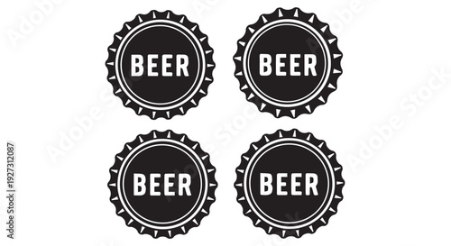 Four black beer bottle caps with white lettering on a plain background