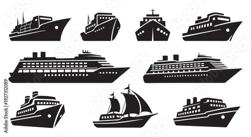 Collection of various cruise ship and boat silhouettes on Transparent Background for travel and transportation