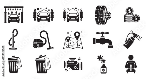 Black icons of home maintenance and repair tools and objects on Transparent Background