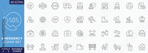 Emergency outline icon set. Containing Evacuation, SOS emergency call, ambulance, help, emergency hotline, exit, Etc. Fully Editable. Vector illustration.