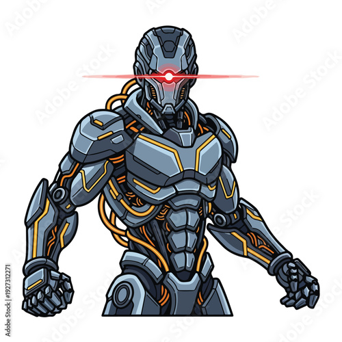 Gray and orange robot with glowing red laser eyes standing strong