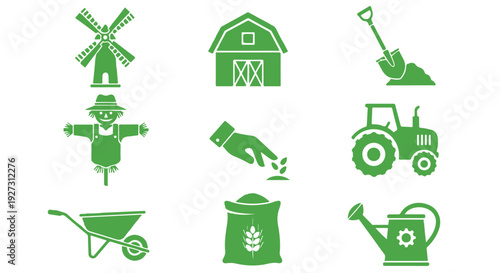 Green farm icons set including tractor, barn, scarecrow, and gardening tools on Transparent Background.