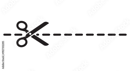 Cutting or editing concept with scissors on a dashed line, symbolizing precision and trimming.