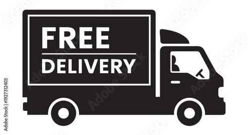 Black silhouette of a delivery truck with free delivery text on the side panel