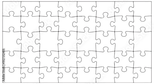 Jigsaw puzzle pieces arranged in a rectangular frame on a Transparent Background, ready for assembly