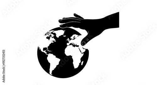 Black silhouette illustration of a hand protecting the Earth on International Day of Forests with a simple design.