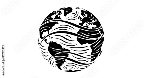 A black silhouette illustration of a globe with wave patterns, symbolizing World Forest Day and the International Day of Forests, against a clean white background.
