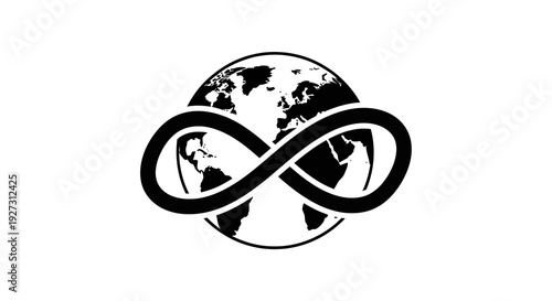 Black silhouette illustration of a globe with an infinity symbol on International Day of Forests, symbolizing a global forest ecosystem and nature conservation event.