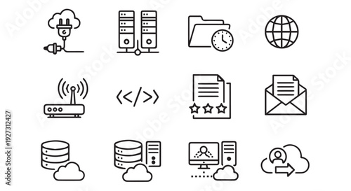 Black and white line icons for web and internet technology, including servers, cloud storage, coding, and online communication tools.