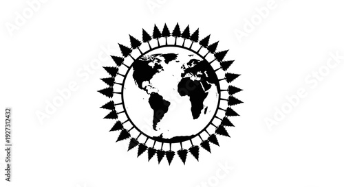 Black silhouette illustration of the world on International Day of Forests with a sunburst design on a white background.