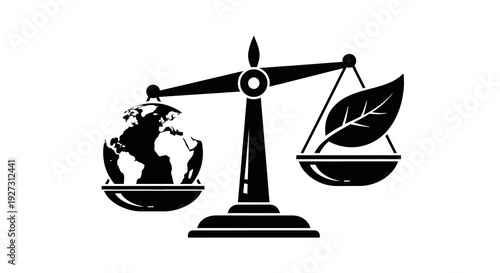Black silhouette illustration of a scale balancing the Earth and a leaf on its pans, symbolizing the balance between nature and the world on International Day of Forests.