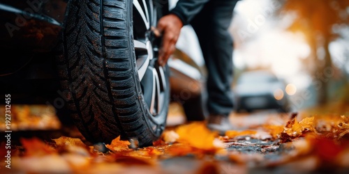 Changing a car tire on a wet road covered with autumn leaves, seasonal car maintenance