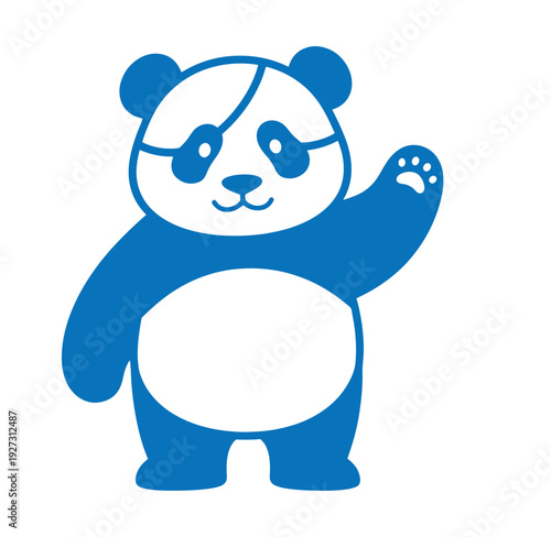 blue panda bear with eye patch waving one paw