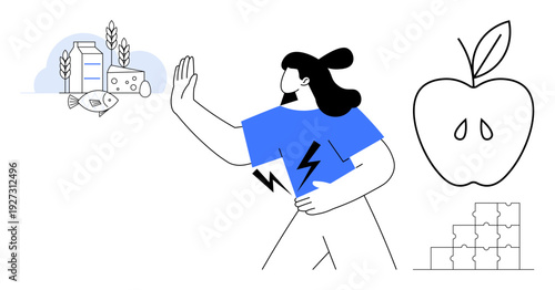 Food allergies. Person refusing allergens thumbs up fish, dairy, and nuts while choosing healthy options. Food allergies focus on health, nutrition awareness, and dietary lifestyles. Ideal