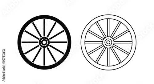 Two wagon wheels one solid and one open black and white silhouette