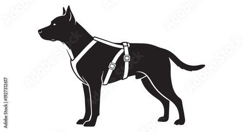 Black dog wearing a harness, standing and looking left, silhouette illustration
