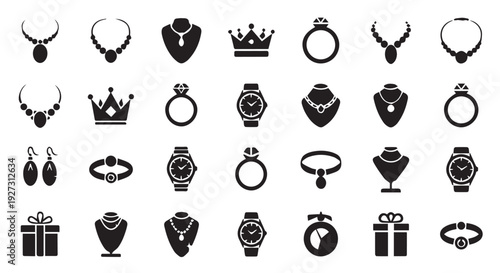 Collection of black icons featuring various jewelry pieces and gift boxes on Transparent Background