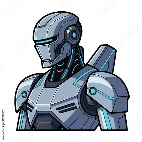 Cartoon robot character in futuristic metallic armor with blue accents