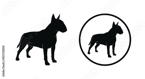 Two bull terrier dog designs one within a circle silhouette