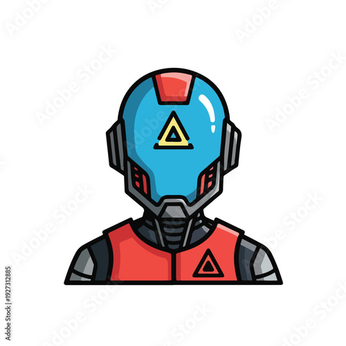 Robot head with triangle warning symbol on face and chest