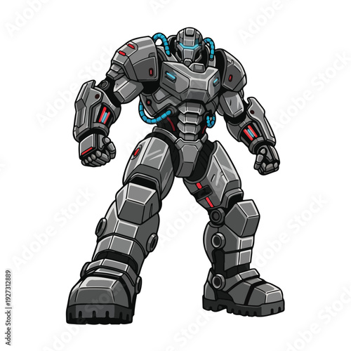 Gray robotic character with red and blue accents standing isolated