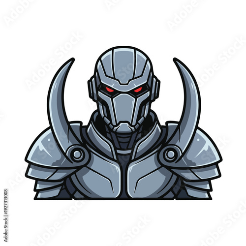 Cartoon robot character with red eyes and silver armor
