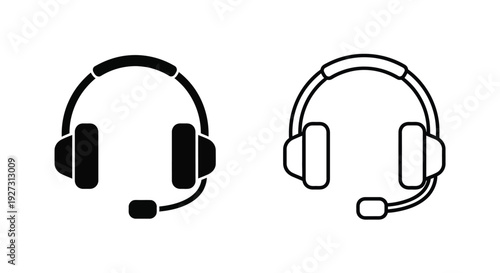 Two headphone designs one with a microphone in stark contrast silhouette