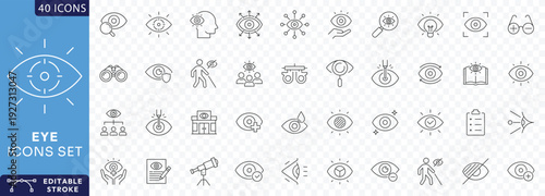 Eye icon set. Containing eyes, see, visible, surveillance, view, vision, witness, looking at, supervision, focus, Etc. Fully Editable. Vector illustration.