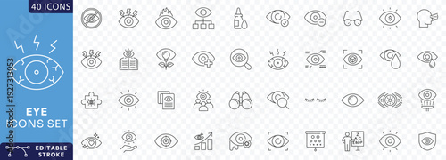 Eye icon set. Containing eyes, see, visible, surveillance, view, vision, witness, looking at, supervision, focus, Etc. Fully Editable. Vector illustration.