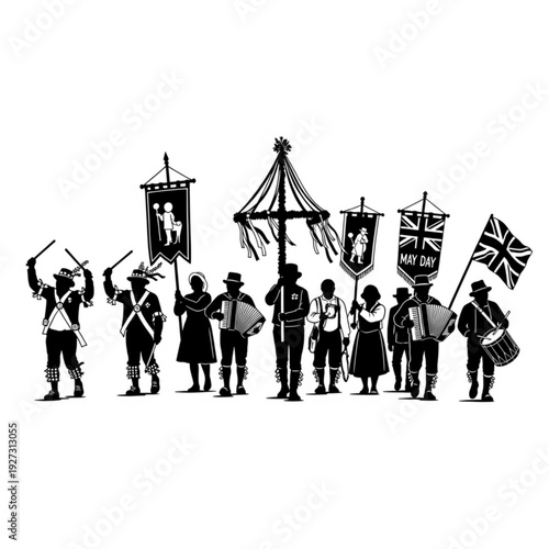 A group of historical figures marching with banners and flags in a ceremonial procession outdoors from a frontal viewpoint