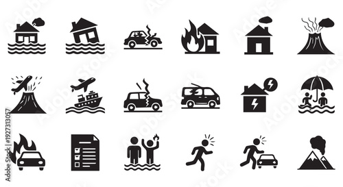 Set of black silhouette icons depicting natural disaster and emergency situations with people and property