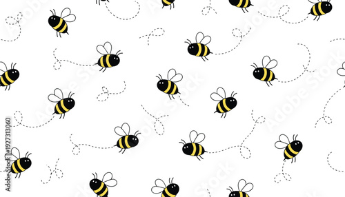 Whimsical cartoon bees flying playfully with dashed flight paths, cheerful insect pattern design on white background for children and decor