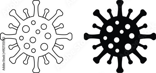 Stylized virus particle illustration showing outlined and solid silhouette forms with circular protrusions, educational medical icon for virology visualization.
