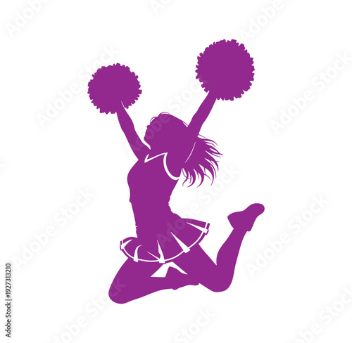cheerleader in purple uniform jumping with pom poms in air