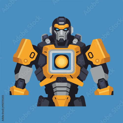 Robot Character with Yellow and Black Armor and Blue Accents Standing Alone