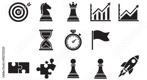 Collection of business strategy icons including chess pieces, graphs, clock, and puzzle pieces