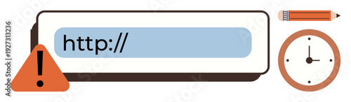 Online security, deadline management, cybersecurity, information alert, data privacy, time tracking. Search bar with alert icon, clock and pencil. Online security and deadline management concepts