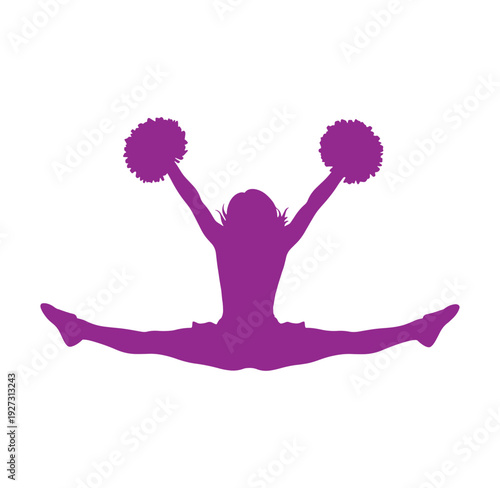 cheerleader jumping in air with pom poms in hands performing stunt move