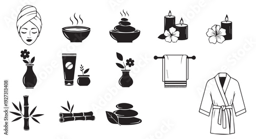 Black icons for spa and wellness, including bathrobe, towels, flowers, and skincare products.